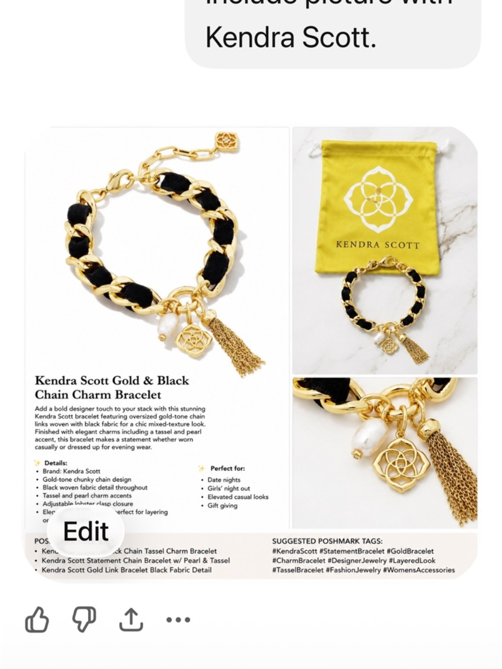 NWOT Kendra Scott Everleigh Velvet Bracelet Gold Black and Pearl Charm Bracelet